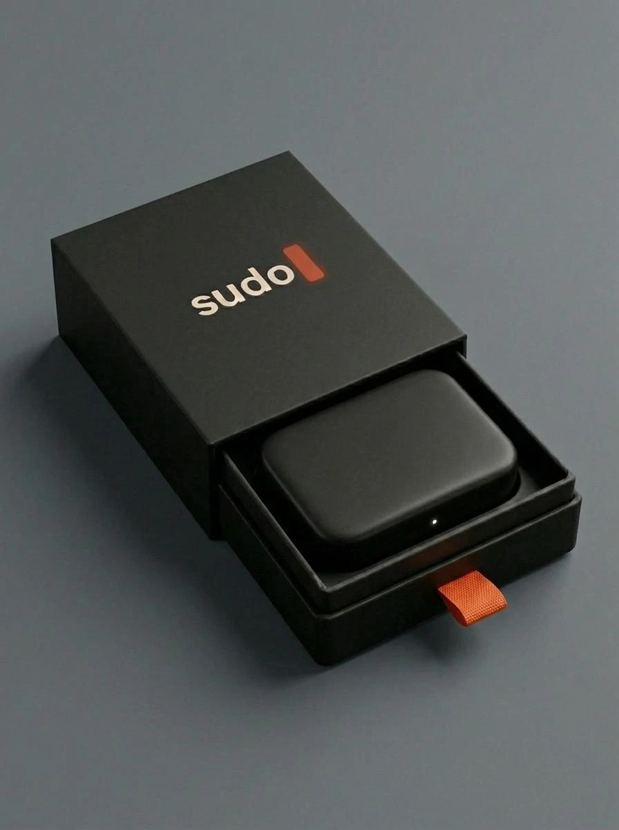 The sudo device inside its box, with a single white status light.
