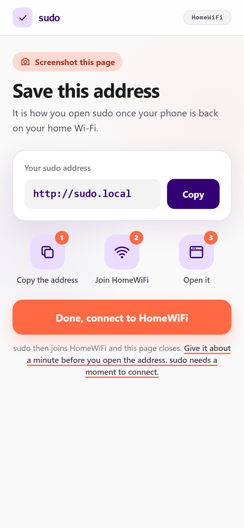 The sudo setup page showing the address to save, sudo.local, with a button to connect to your home Wi-Fi.