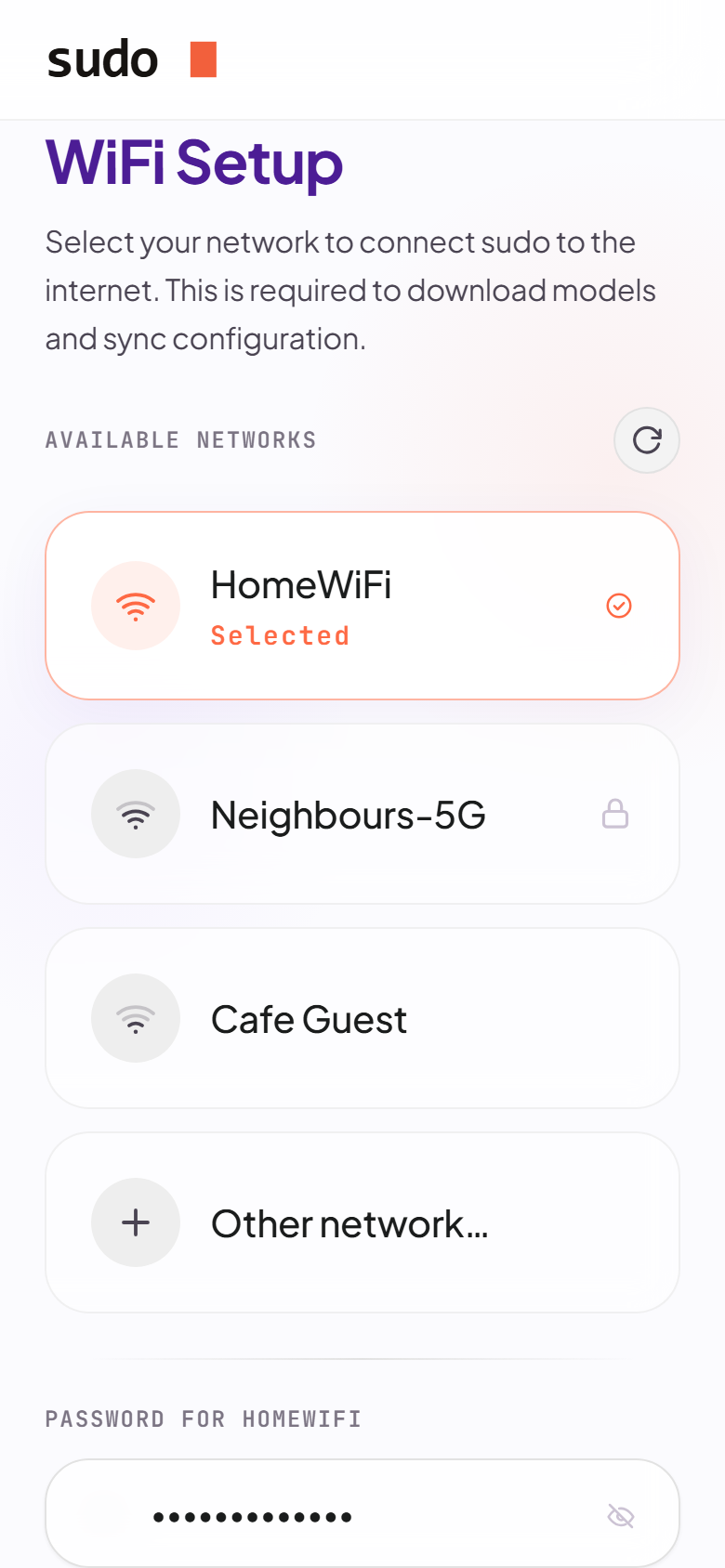 The sudo setup page with a home network selected and its password entered.